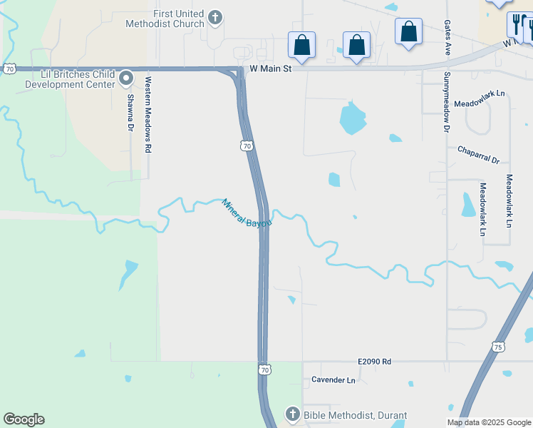 map of restaurants, bars, coffee shops, grocery stores, and more near U.S. 70 Bypass in Durant