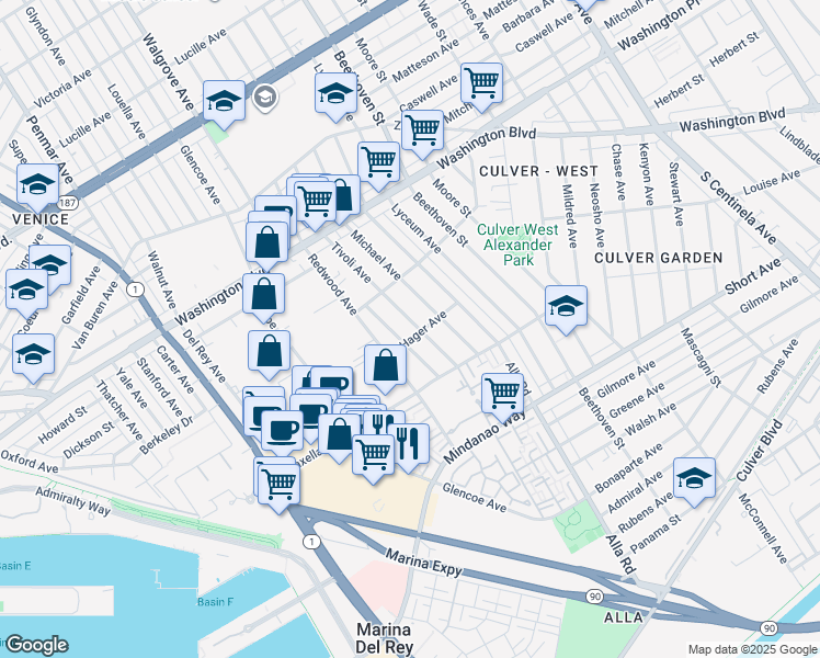 map of restaurants, bars, coffee shops, grocery stores, and more near 4157 Tivoli Avenue in Los Angeles
