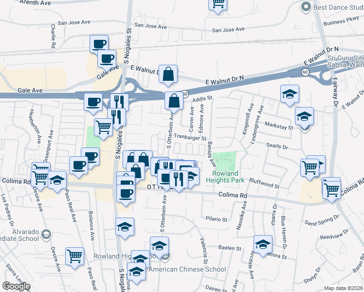 map of restaurants, bars, coffee shops, grocery stores, and more near 1560 South Otterbein Avenue in Rowland Heights