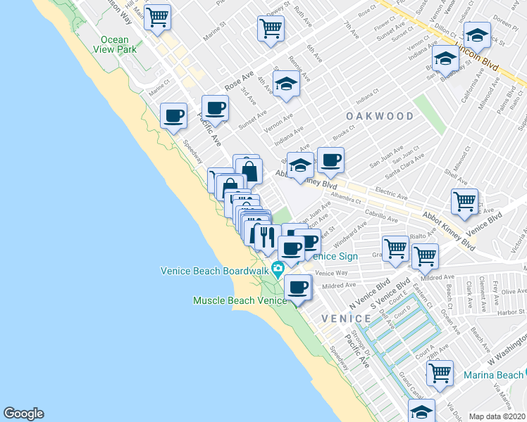 map of restaurants, bars, coffee shops, grocery stores, and more near Wavecrest Avenue in Los Angeles