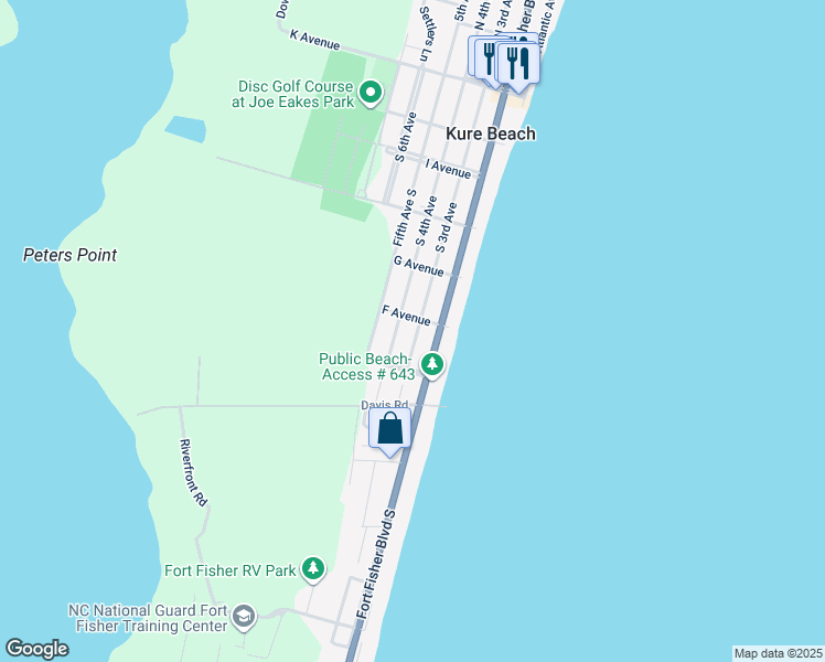 map of restaurants, bars, coffee shops, grocery stores, and more near 610 South 3rd Avenue in Kure Beach