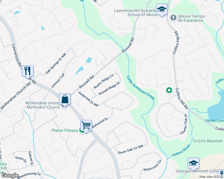 map of restaurants, bars, coffee shops, grocery stores, and more near 394 Russell Ridge Drive in Lawrenceville