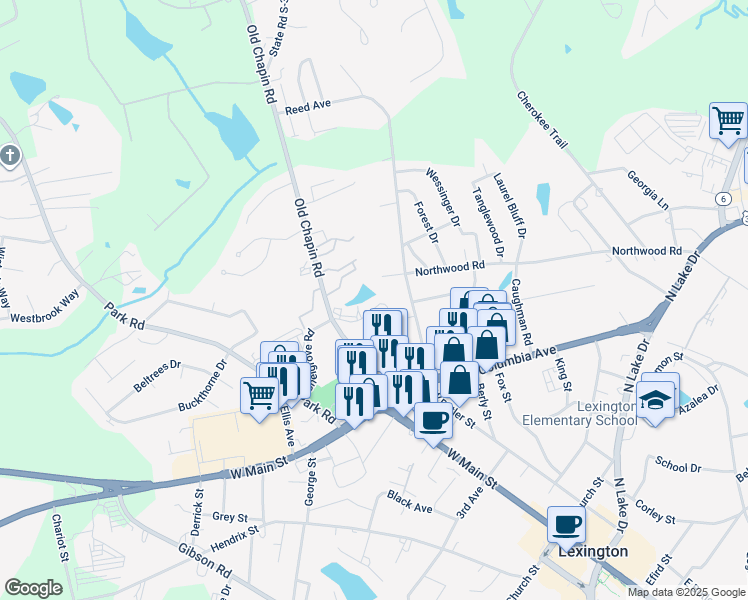 map of restaurants, bars, coffee shops, grocery stores, and more near 199 Ivy Park Lane in Lexington
