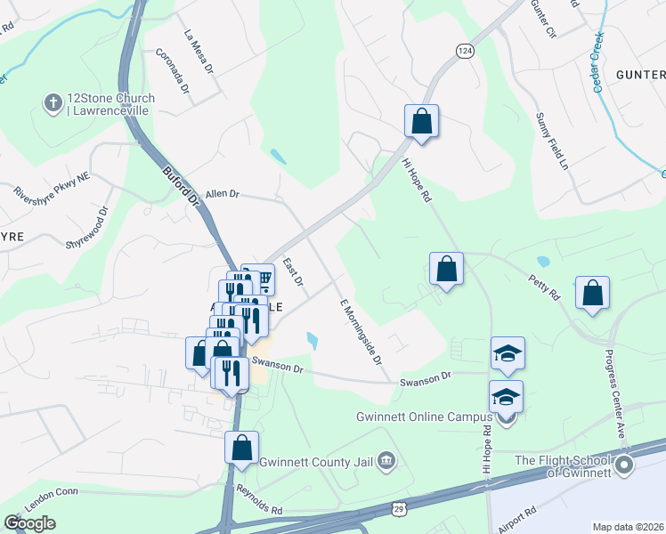 map of restaurants, bars, coffee shops, grocery stores, and more near 942 East Morningside Drive in Lawrenceville