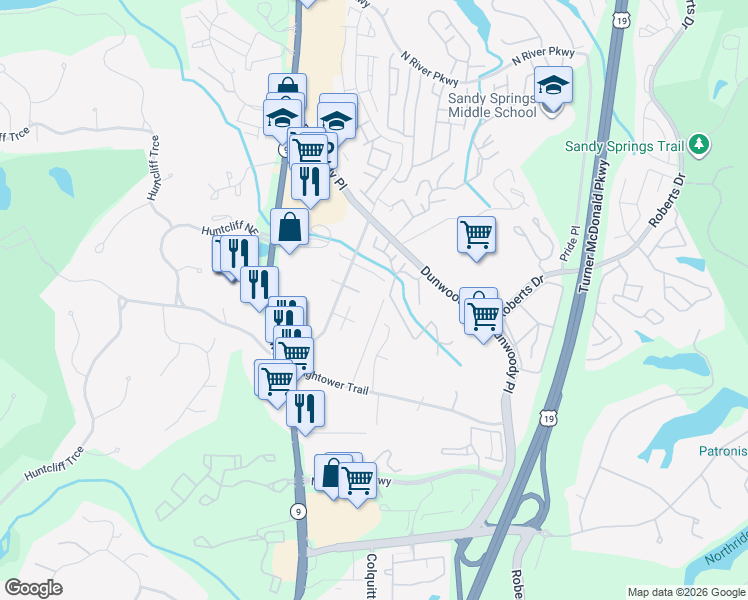 map of restaurants, bars, coffee shops, grocery stores, and more near 1200 Wing Street in Sandy Springs