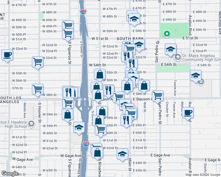 map of restaurants, bars, coffee shops, grocery stores, and more near 214 57th Street in Los Angeles