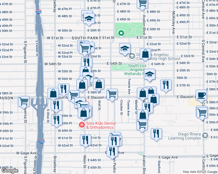 map of restaurants, bars, coffee shops, grocery stores, and more near 5725 San Pedro Street in Los Angeles