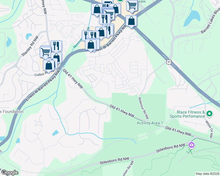 map of restaurants, bars, coffee shops, grocery stores, and more near 1408 Ferocity Ridge Way Northwest in Kennesaw