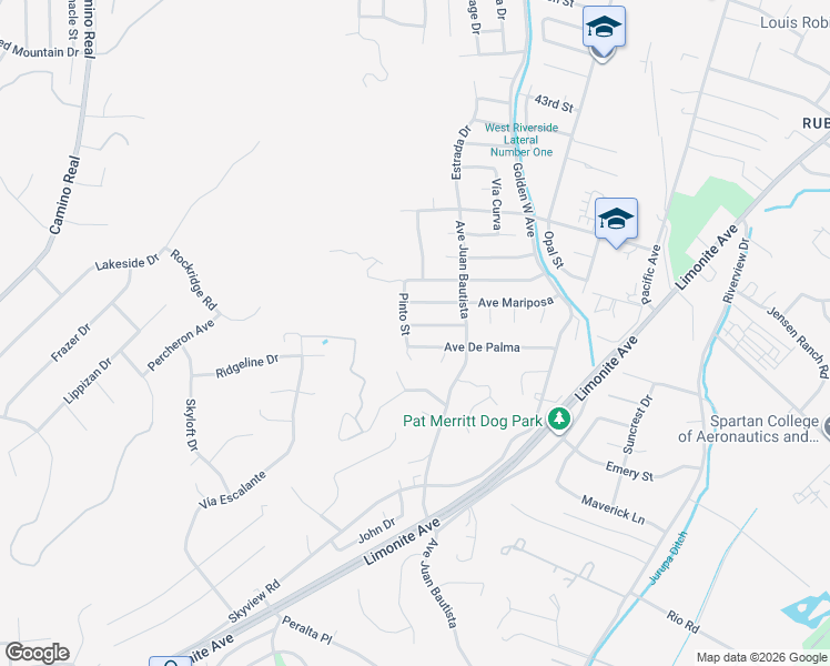 map of restaurants, bars, coffee shops, grocery stores, and more near 6652 Avenida Valencia in Riverside