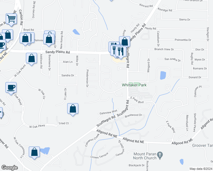 map of restaurants, bars, coffee shops, grocery stores, and more near 1448 Evanston Lane in Marietta