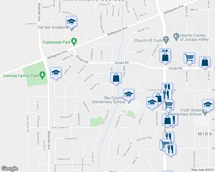 map of restaurants, bars, coffee shops, grocery stores, and more near 11421 Pena Way in Jurupa Valley