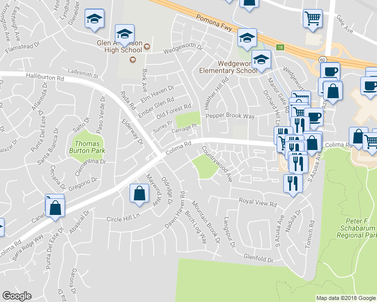 map of restaurants, bars, coffee shops, grocery stores, and more near 1826 Clear River Lane in Hacienda Heights