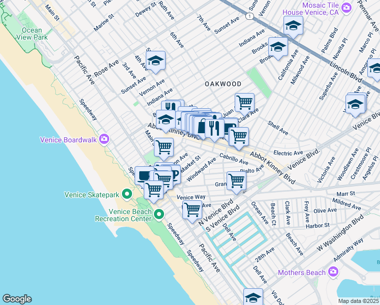 map of restaurants, bars, coffee shops, grocery stores, and more near 1314 Riviera Avenue in Los Angeles