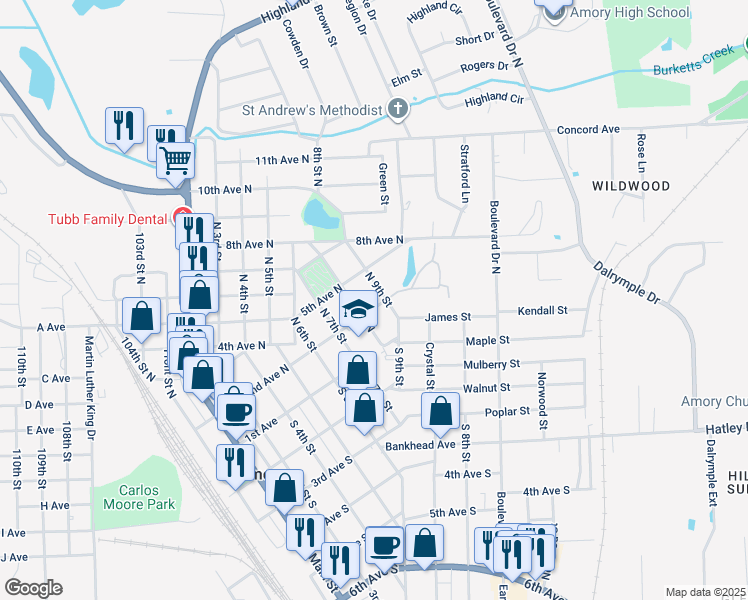 map of restaurants, bars, coffee shops, grocery stores, and more near 201 9th Street North in Amory