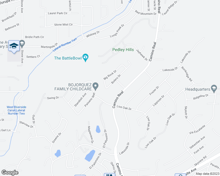 map of restaurants, bars, coffee shops, grocery stores, and more near 7820 Bolero Drive in Riverside