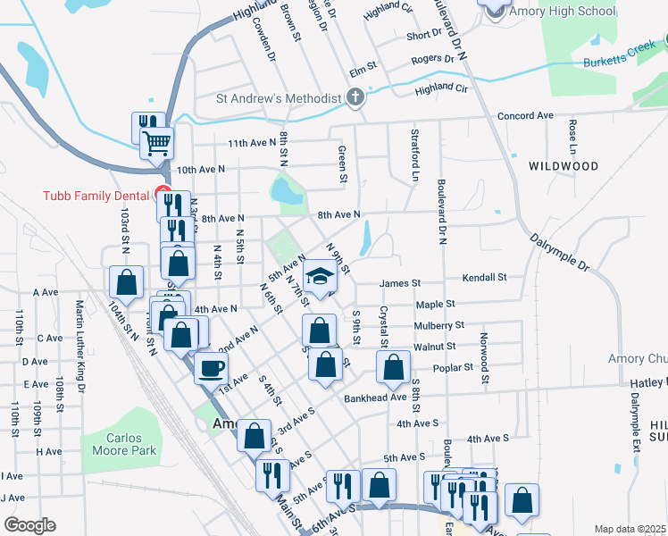 map of restaurants, bars, coffee shops, grocery stores, and more near 201 9th Street North in Amory