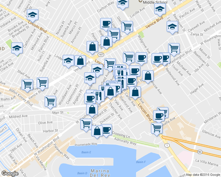 map of restaurants, bars, coffee shops, grocery stores, and more near 1118 Grant Avenue in Los Angeles