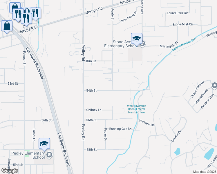 map of restaurants, bars, coffee shops, grocery stores, and more near 8620 54th Street in Riverside