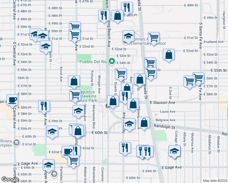 map of restaurants, bars, coffee shops, grocery stores, and more near 5742 Duarte Street in Vernon