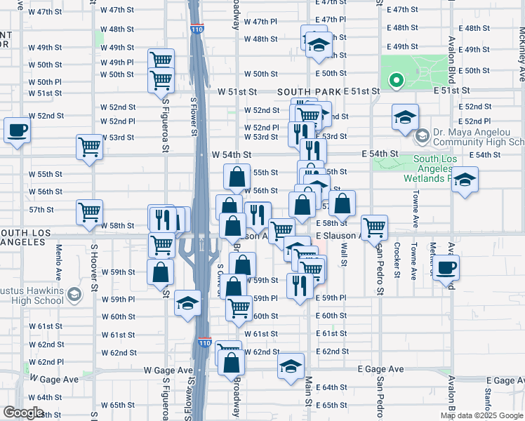map of restaurants, bars, coffee shops, grocery stores, and more near 206 57th Street in Los Angeles