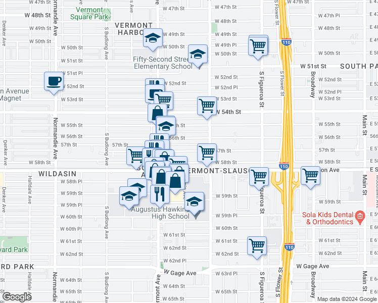 map of restaurants, bars, coffee shops, grocery stores, and more near 841 West 58th Street in Los Angeles