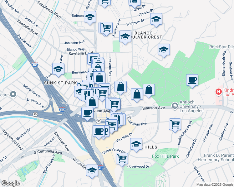 map of restaurants, bars, coffee shops, grocery stores, and more near 6603 Hannum Avenue in Culver City