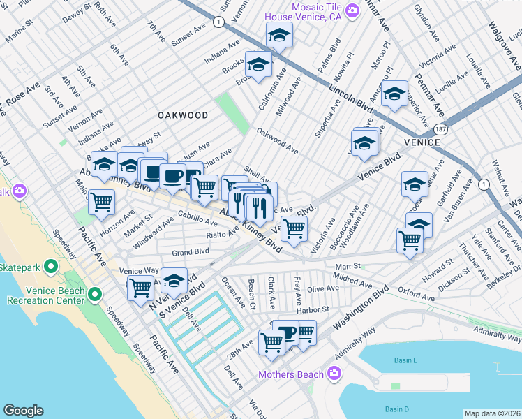 map of restaurants, bars, coffee shops, grocery stores, and more near 1629 Electric Avenue in Los Angeles