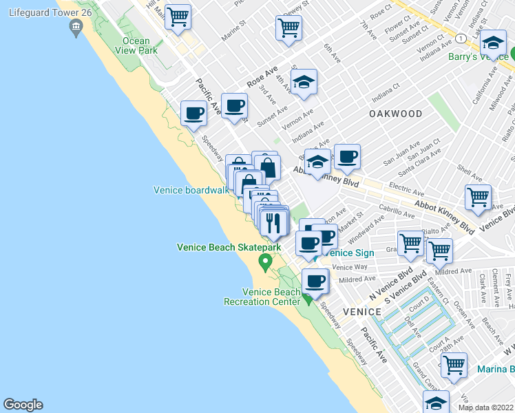 map of restaurants, bars, coffee shops, grocery stores, and more near 1007 Ocean Front Walk in Los Angeles