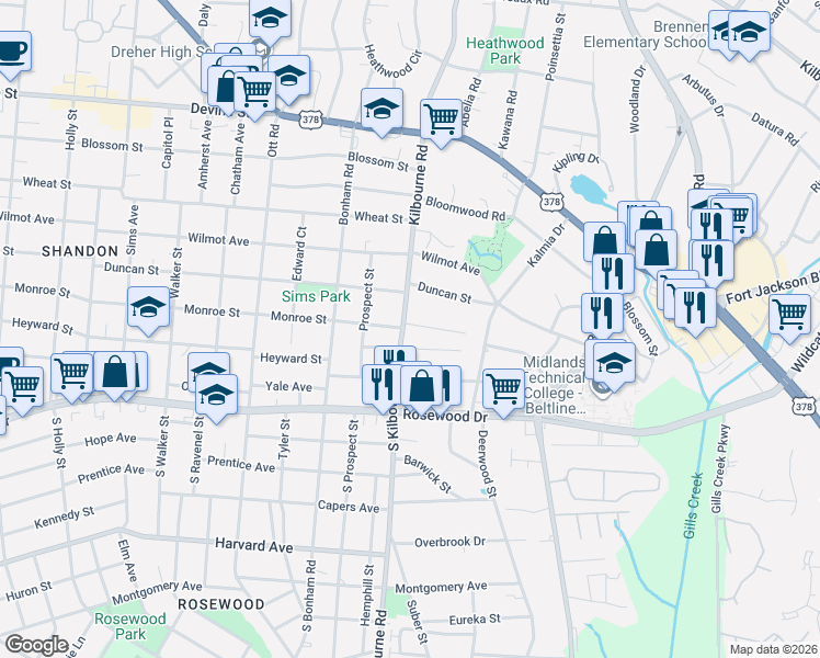 map of restaurants, bars, coffee shops, grocery stores, and more near 3801 Heyward Street in Columbia