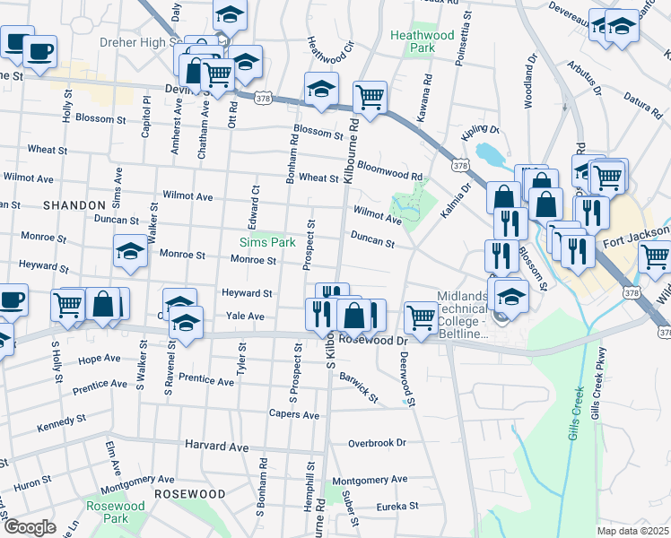 map of restaurants, bars, coffee shops, grocery stores, and more near 3801 Heyward Street in Columbia