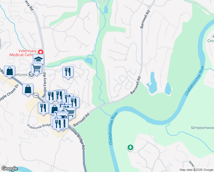 map of restaurants, bars, coffee shops, grocery stores, and more near 8770 Niblick Drive in Alpharetta
