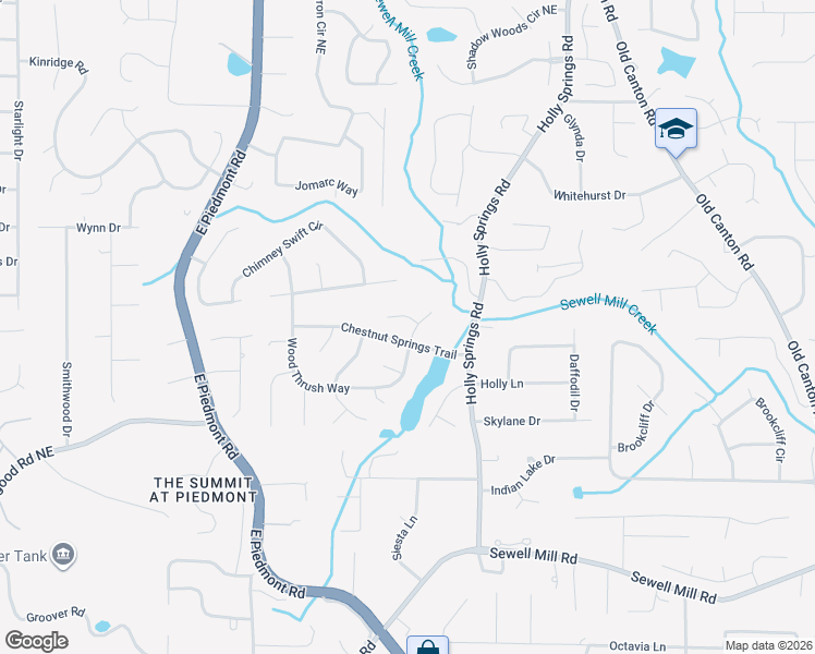 map of restaurants, bars, coffee shops, grocery stores, and more near 1645 Wood Thrush Way in Marietta