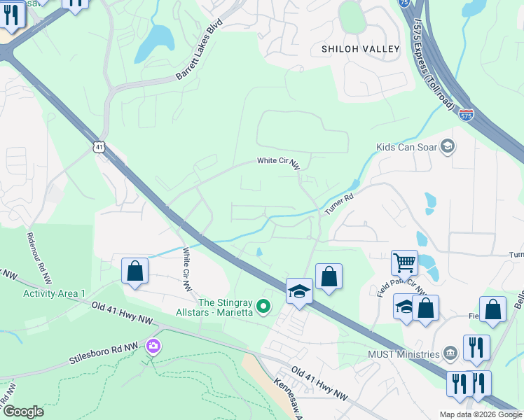 map of restaurants, bars, coffee shops, grocery stores, and more near 707 Pear Grove PI Northwest in Marietta
