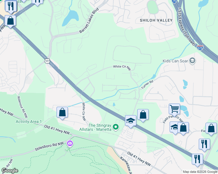 map of restaurants, bars, coffee shops, grocery stores, and more near 735 Pear Grove PI Northwest in Marietta