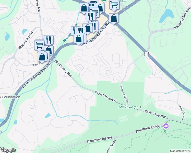 map of restaurants, bars, coffee shops, grocery stores, and more near 1408 Ferocity Ridge Way Northwest in Kennesaw
