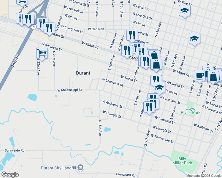 map of restaurants, bars, coffee shops, grocery stores, and more near 425 South 14th Avenue in Durant