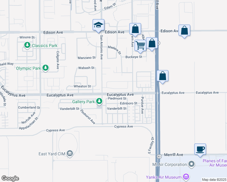 map of restaurants, bars, coffee shops, grocery stores, and more near 6775 Birmingham Drive in Chino