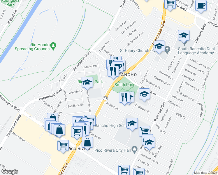 map of restaurants, bars, coffee shops, grocery stores, and more near in Pico Rivera