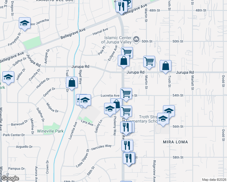 map of restaurants, bars, coffee shops, grocery stores, and more near 5270 Lucretia Avenue in Jurupa Valley