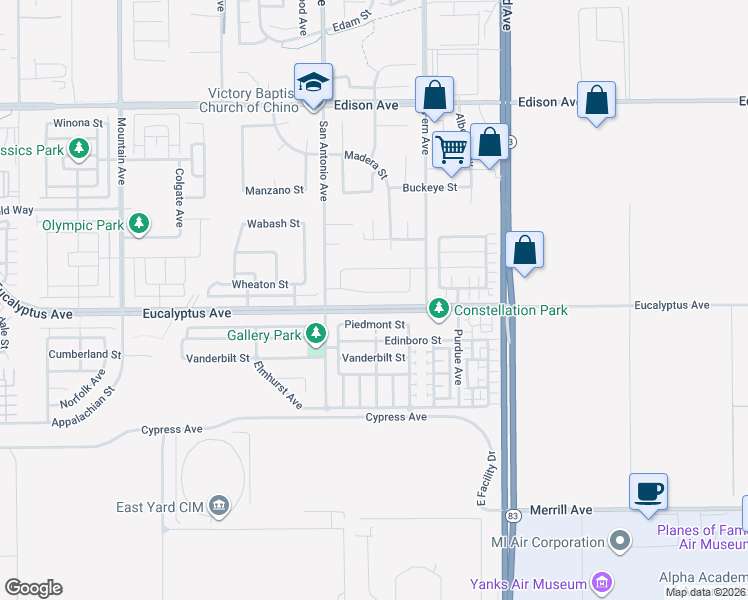 map of restaurants, bars, coffee shops, grocery stores, and more near 6768 Piedmont Street in Chino
