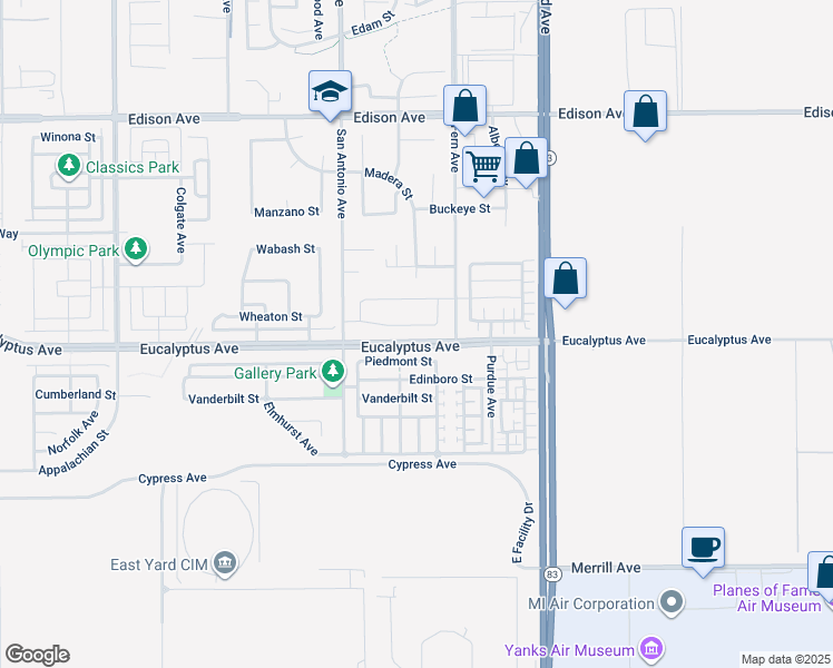 map of restaurants, bars, coffee shops, grocery stores, and more near 6829 Birmingham Drive in Chino