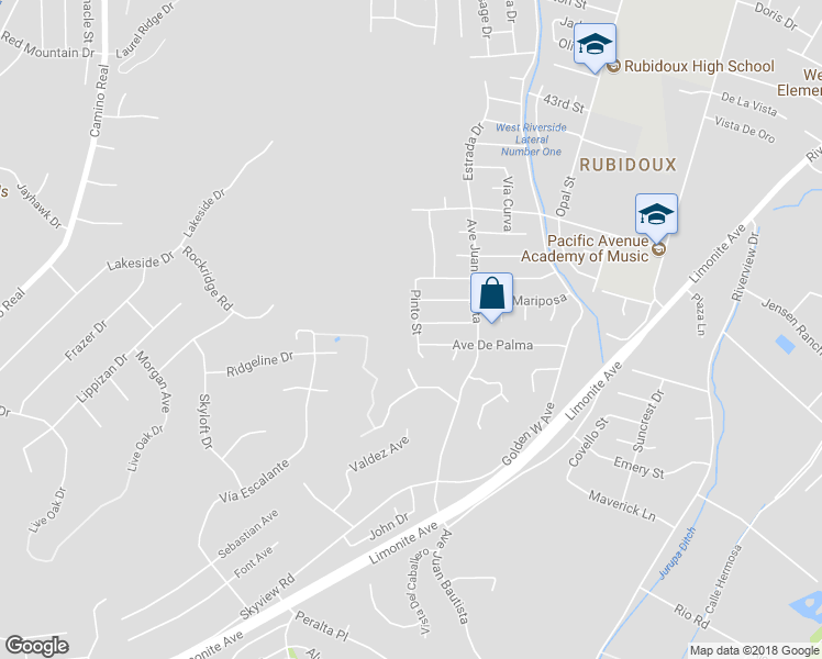 map of restaurants, bars, coffee shops, grocery stores, and more near 5065 Pinto Street in Riverside