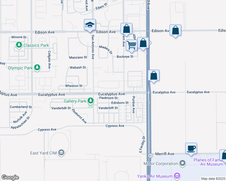 map of restaurants, bars, coffee shops, grocery stores, and more near 6829 Birmingham Drive in Chino