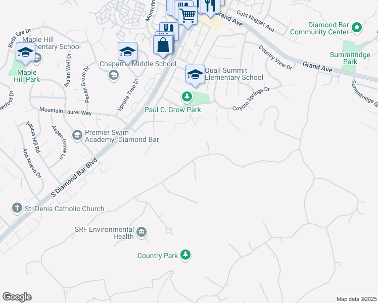map of restaurants, bars, coffee shops, grocery stores, and more near 23411 Ridge Line Road in Diamond Bar