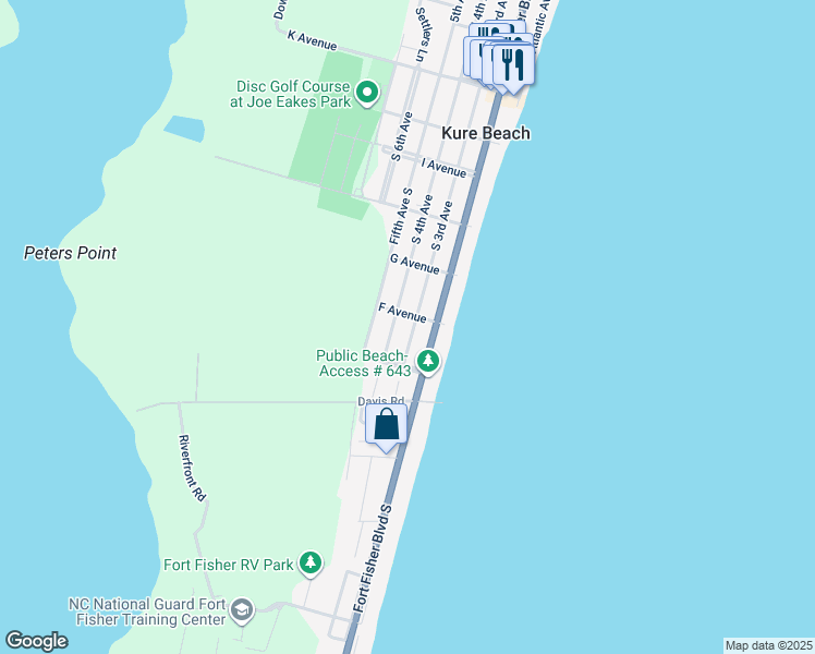 map of restaurants, bars, coffee shops, grocery stores, and more near 610 South 3rd Avenue in Kure Beach