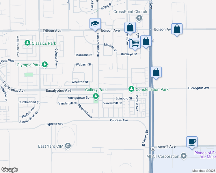 map of restaurants, bars, coffee shops, grocery stores, and more near 6765 Birmingham Drive in Chino