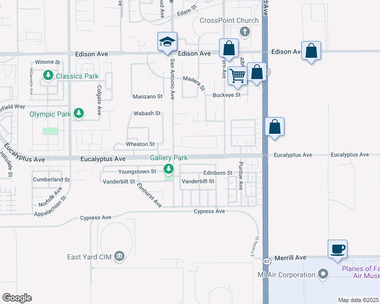 map of restaurants, bars, coffee shops, grocery stores, and more near 6765 Birmingham Drive in Chino