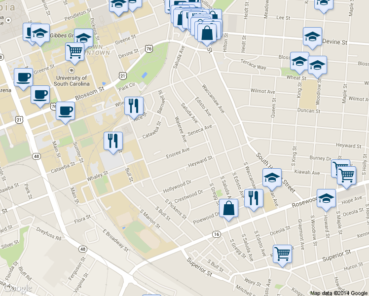 map of restaurants, bars, coffee shops, grocery stores, and more near 131 Wateree Ave in Columbia