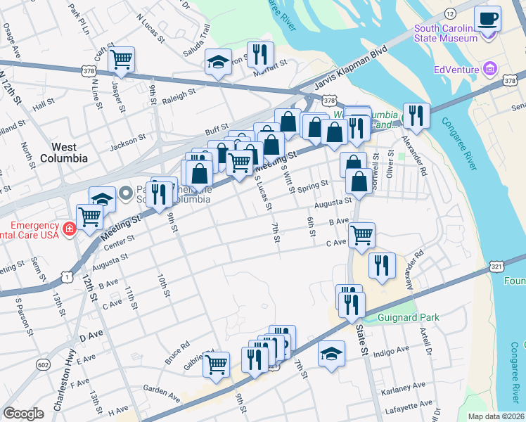 map of restaurants, bars, coffee shops, grocery stores, and more near 704 Augusta Street in West Columbia