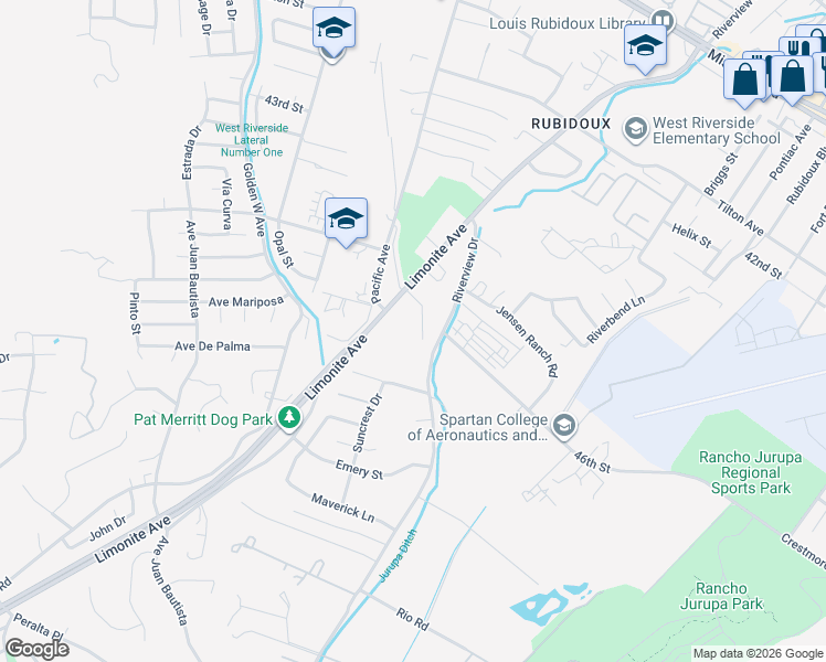 map of restaurants, bars, coffee shops, grocery stores, and more near 4623 Plaza Lane in Riverside
